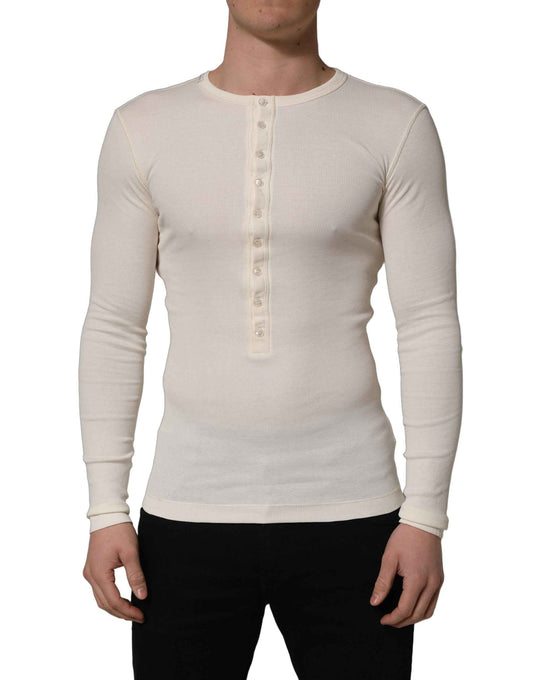 White Long Sleeves Henley Pullover Sweater