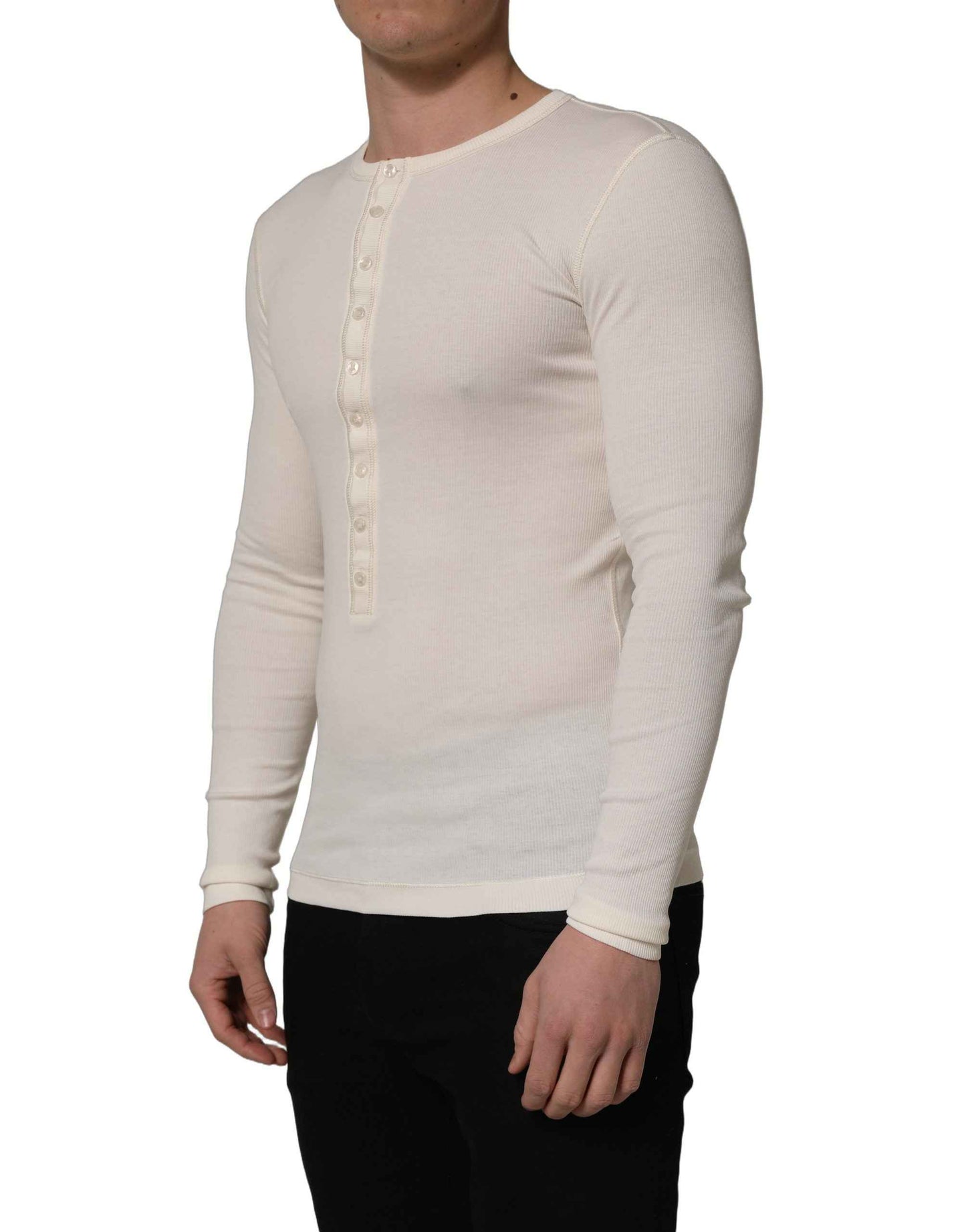 White Long Sleeves Henley Pullover Sweater
