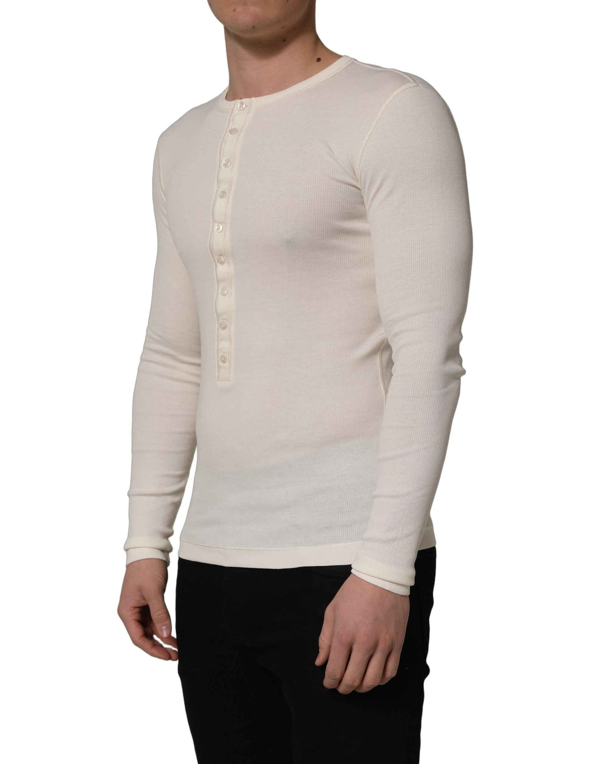 White Long Sleeves Henley Pullover Sweater