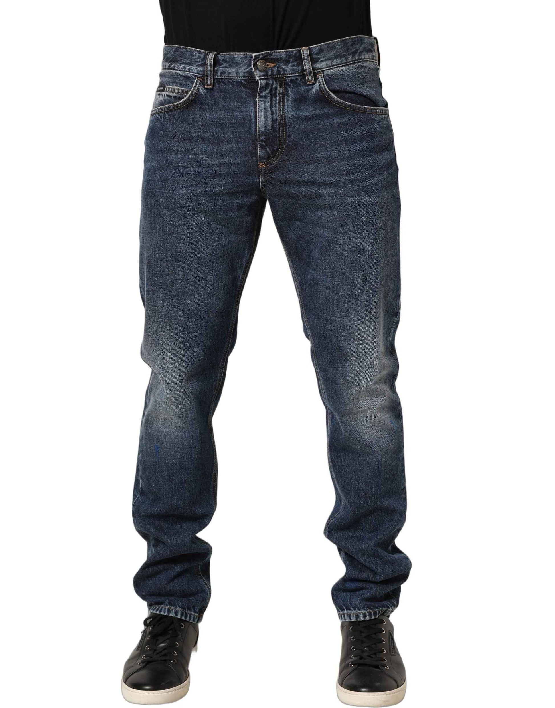 Dark Blue Washed Mid Waist Straight Men Denim Jeans