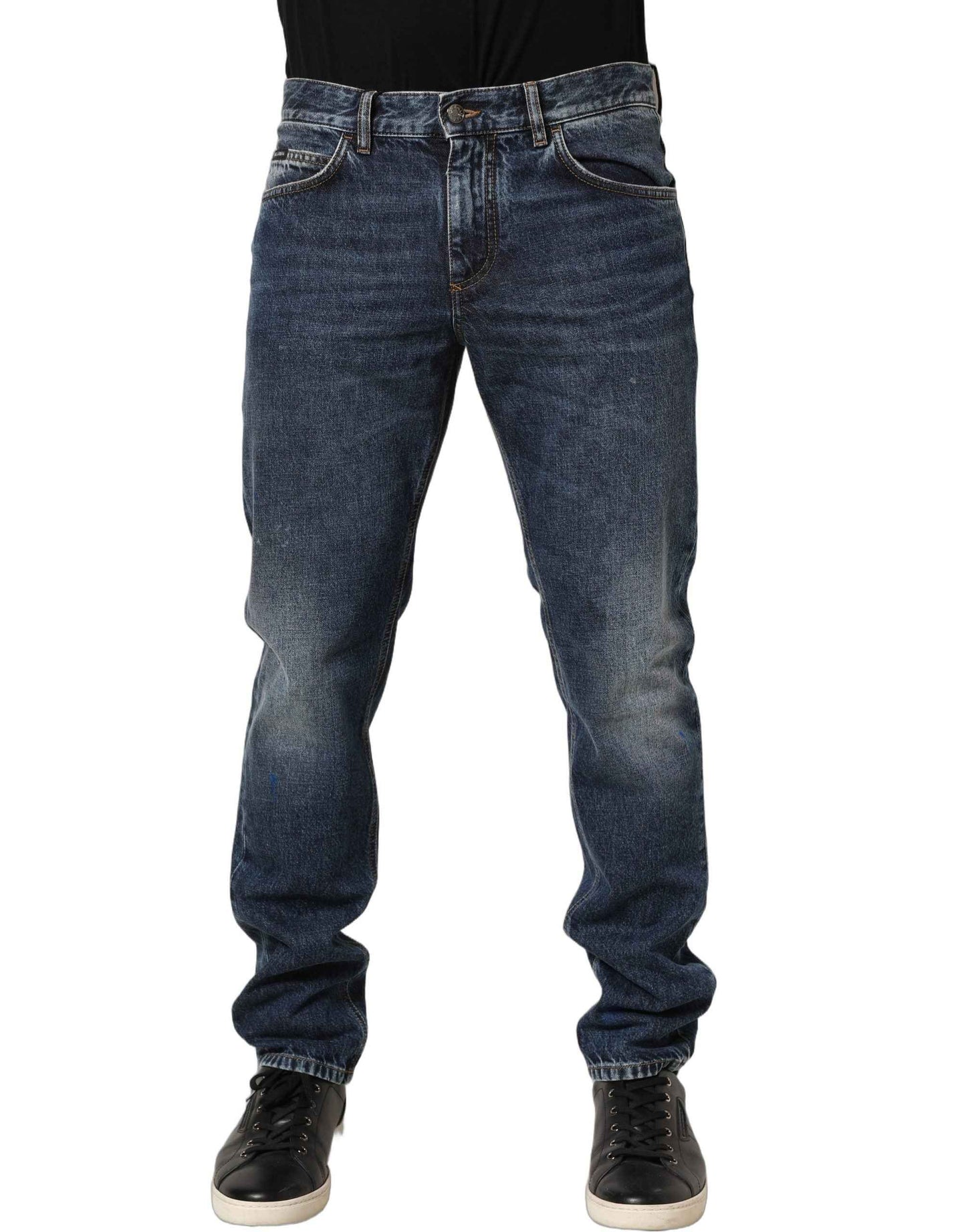 Dark Blue Washed Mid Waist Straight Men Denim Jeans