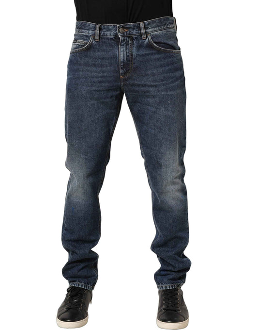 Dark Blue Washed Mid Waist Straight Men Denim Jeans