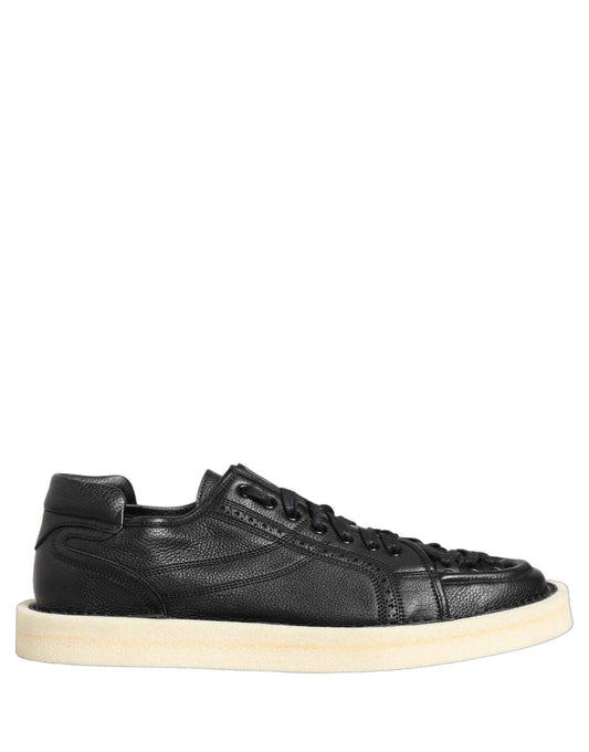 Black Leather Lace Up Low Top Sneakers Shoes