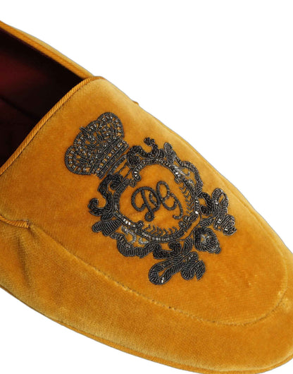 Yellow Velvet Crown Embroidery Loafers Shoes