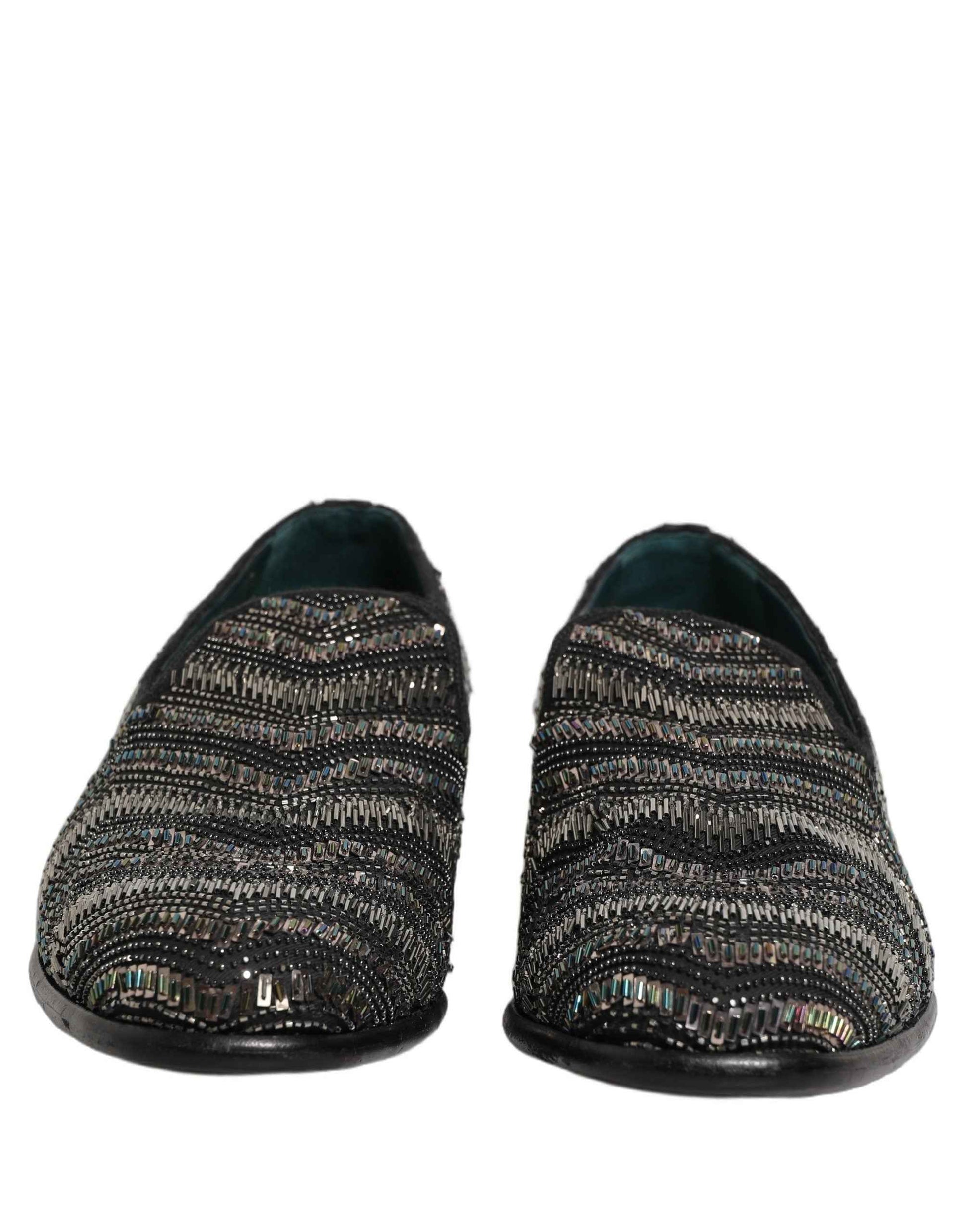 Black Silver Embellished Slip On Loafers Shoes
