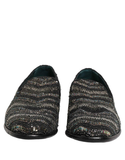 Black Silver Embellished Slip On Loafers Shoes