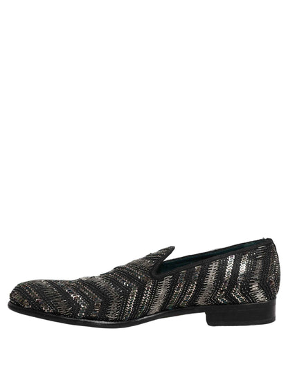Black Silver Embellished Slip On Loafers Shoes