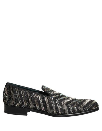 Black Silver Embellished Slip On Loafers Shoes