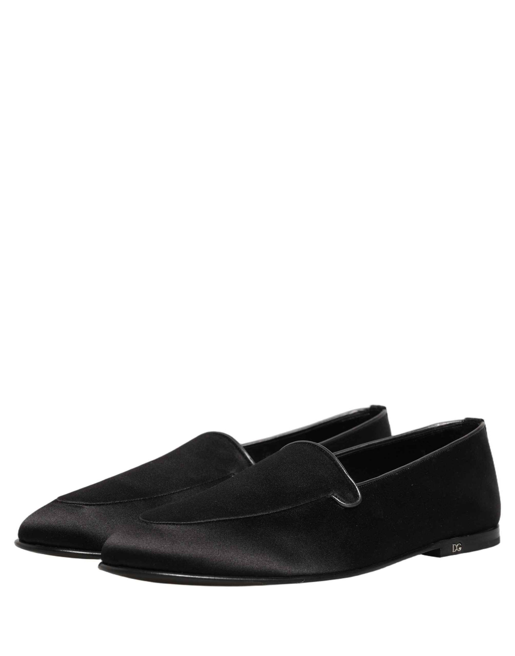 Black Satin Logo Slip On Flats Loafers Shoes
