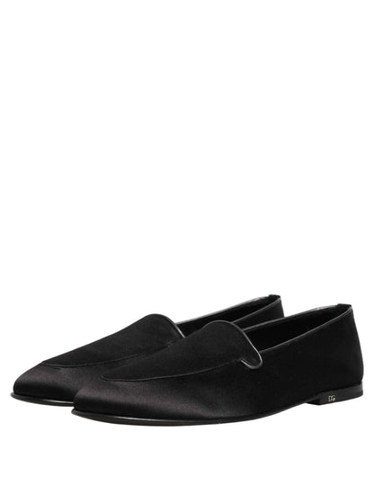 Black Satin Logo Slip On Flats Loafers Shoes