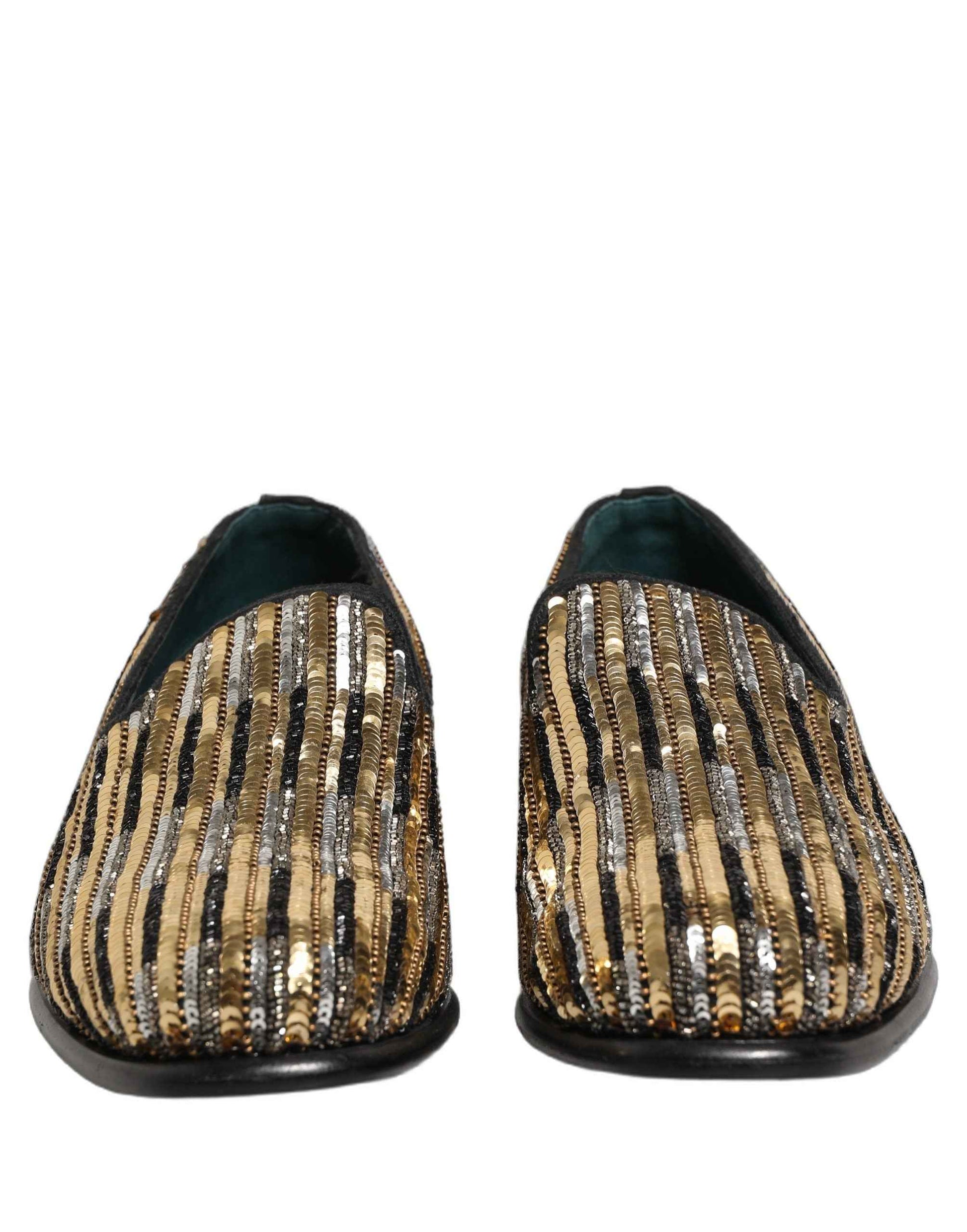 Gold Striped Sequin Embellished Loafer Shoes