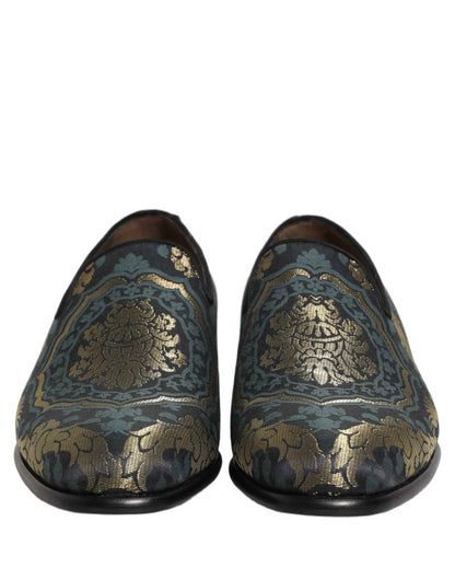 Black Floral Brocade Slip On Loafers Shoes