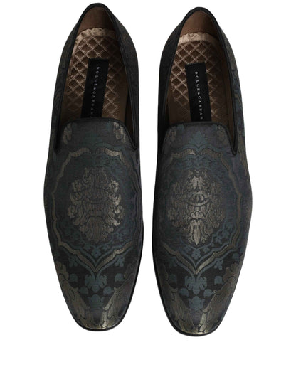 Black Floral Brocade Slip On Loafers Shoes