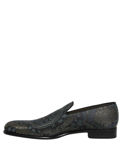 Black Floral Brocade Slip On Loafers Shoes