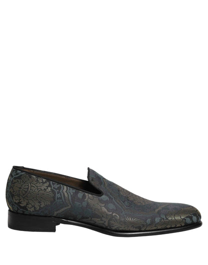 Black Floral Brocade Slip On Loafers Shoes