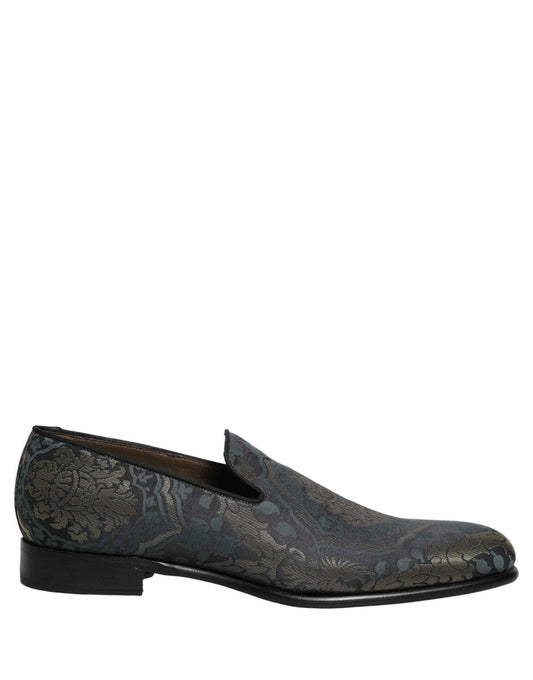 Black Floral Brocade Slip On Loafers Shoes