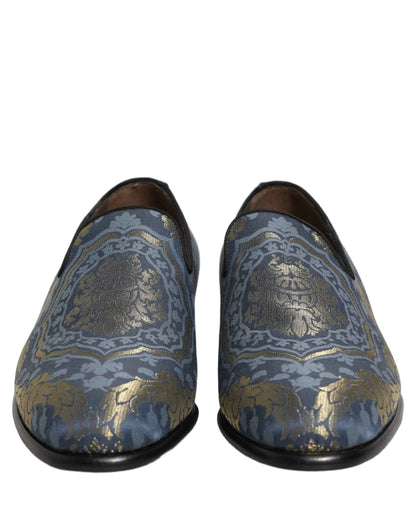 Blue Floral Brocade Slip On Loafers Shoes