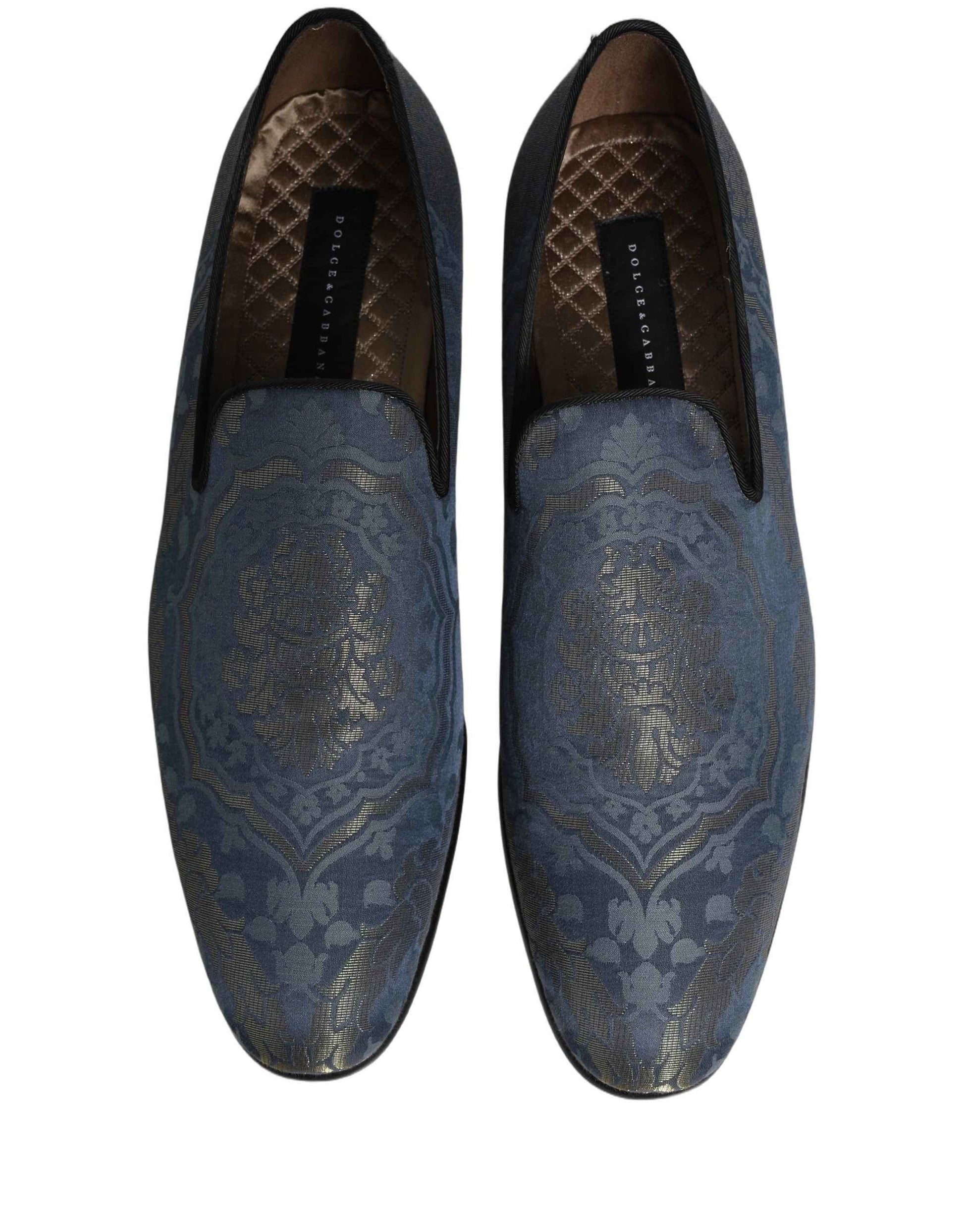 Blue Floral Brocade Slip On Loafers Shoes