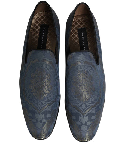 Blue Floral Brocade Slip On Loafers Shoes