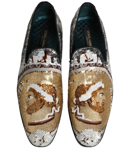 White Gold Sequined Slip On Loafers Shoes