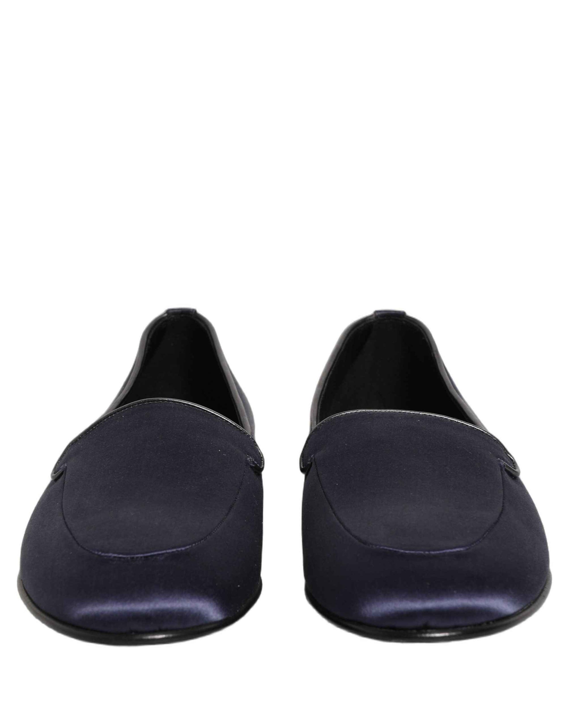 Blue Satin Logo Slip On Flats Loafers Shoes