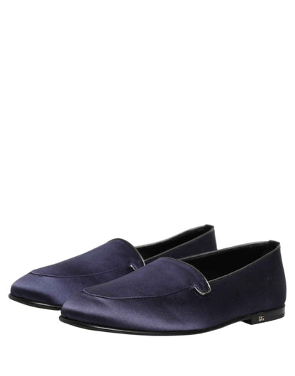 Blue Satin Logo Slip On Flats Loafers Shoes