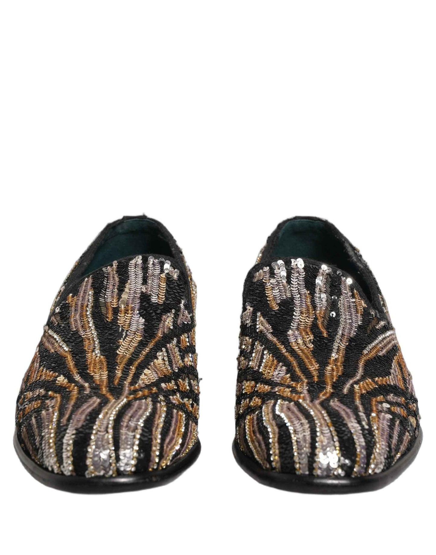 Gold Striped Sequin Embellished Loafer Shoes