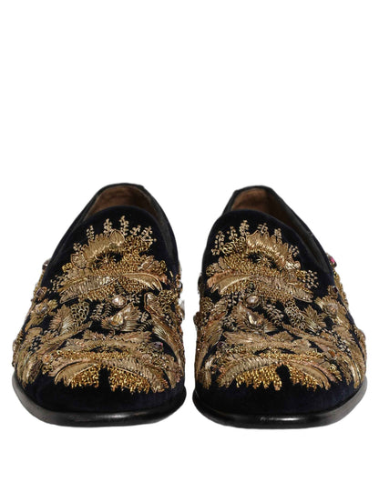 Black Gold Embroidery Dress Loafers Shoes