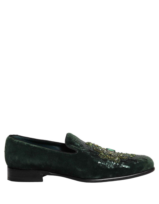 Green Velvet Embellished Dress Loafers Shoes