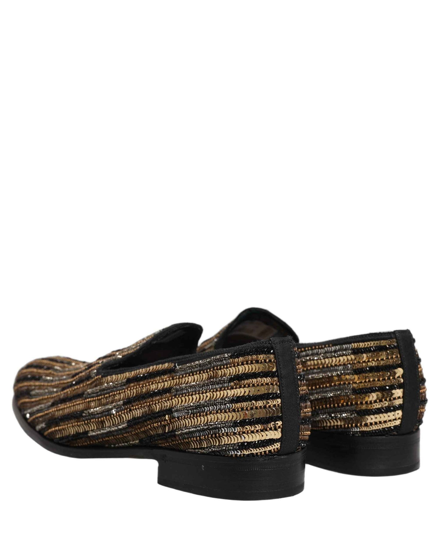 Gold Striped Sequin Embellished Loafer Shoes