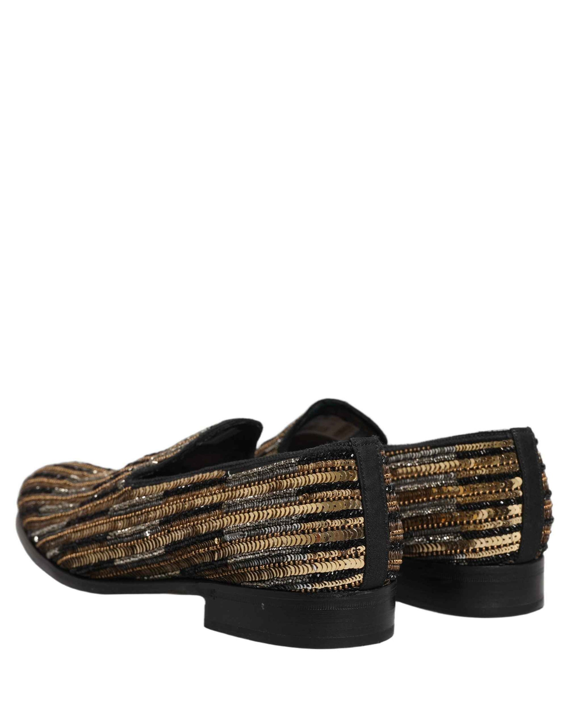 Gold Striped Sequin Embellished Loafer Shoes