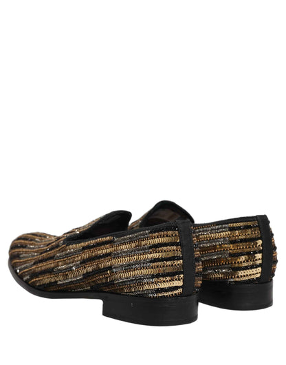 Gold Striped Sequin Embellished Loafer Shoes