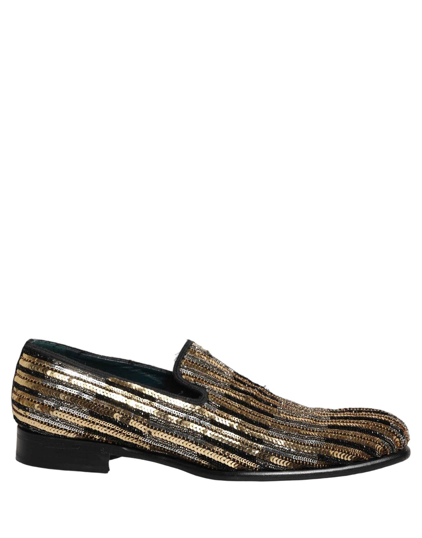 Gold Striped Sequin Embellished Loafer Shoes