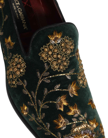 Green Floral Embroidery Dress Loafers Shoes