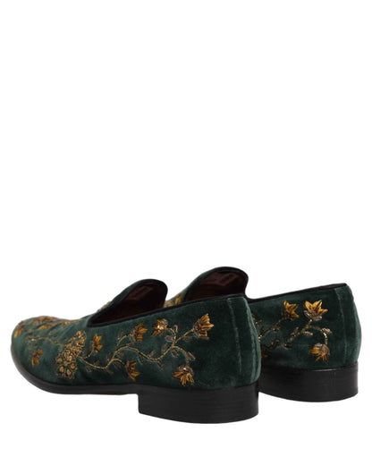Green Floral Embroidery Dress Loafers Shoes