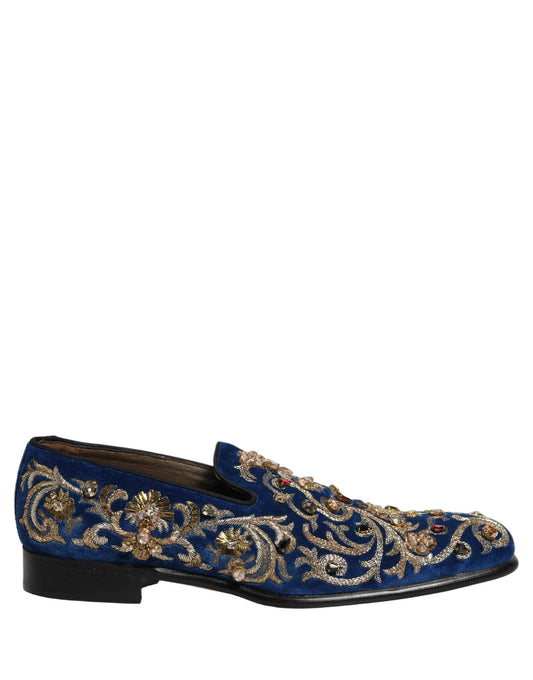 Blue Velvet Embellished Dress Loafers Shoes