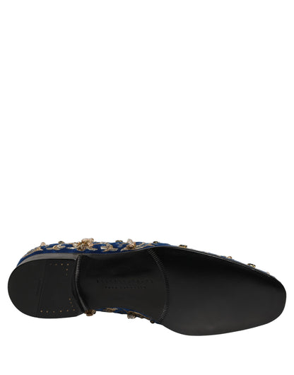 Blue Velvet Embellished Dress Loafers Shoes