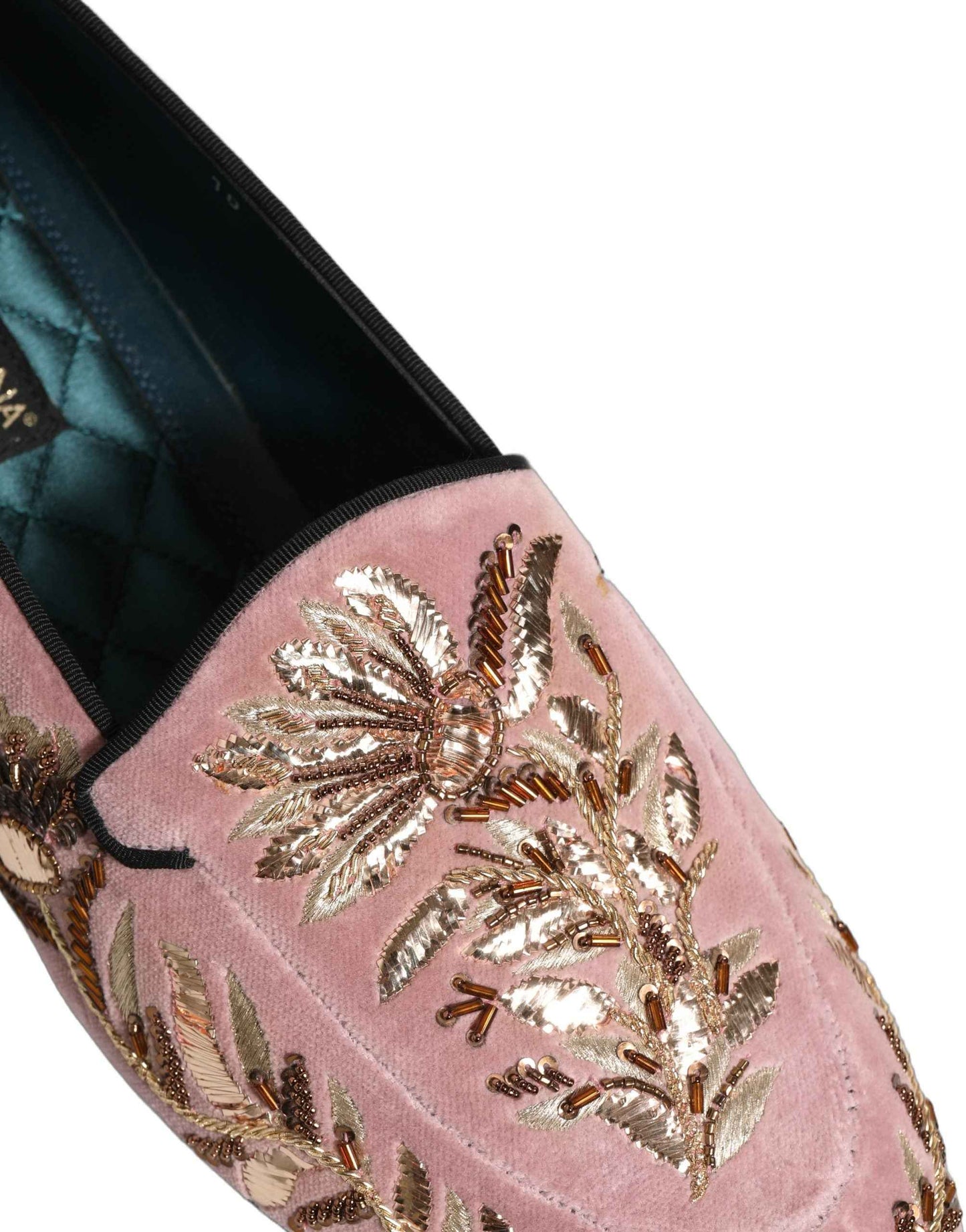 Pink Velvet Floral Embroidery Loafers Shoes