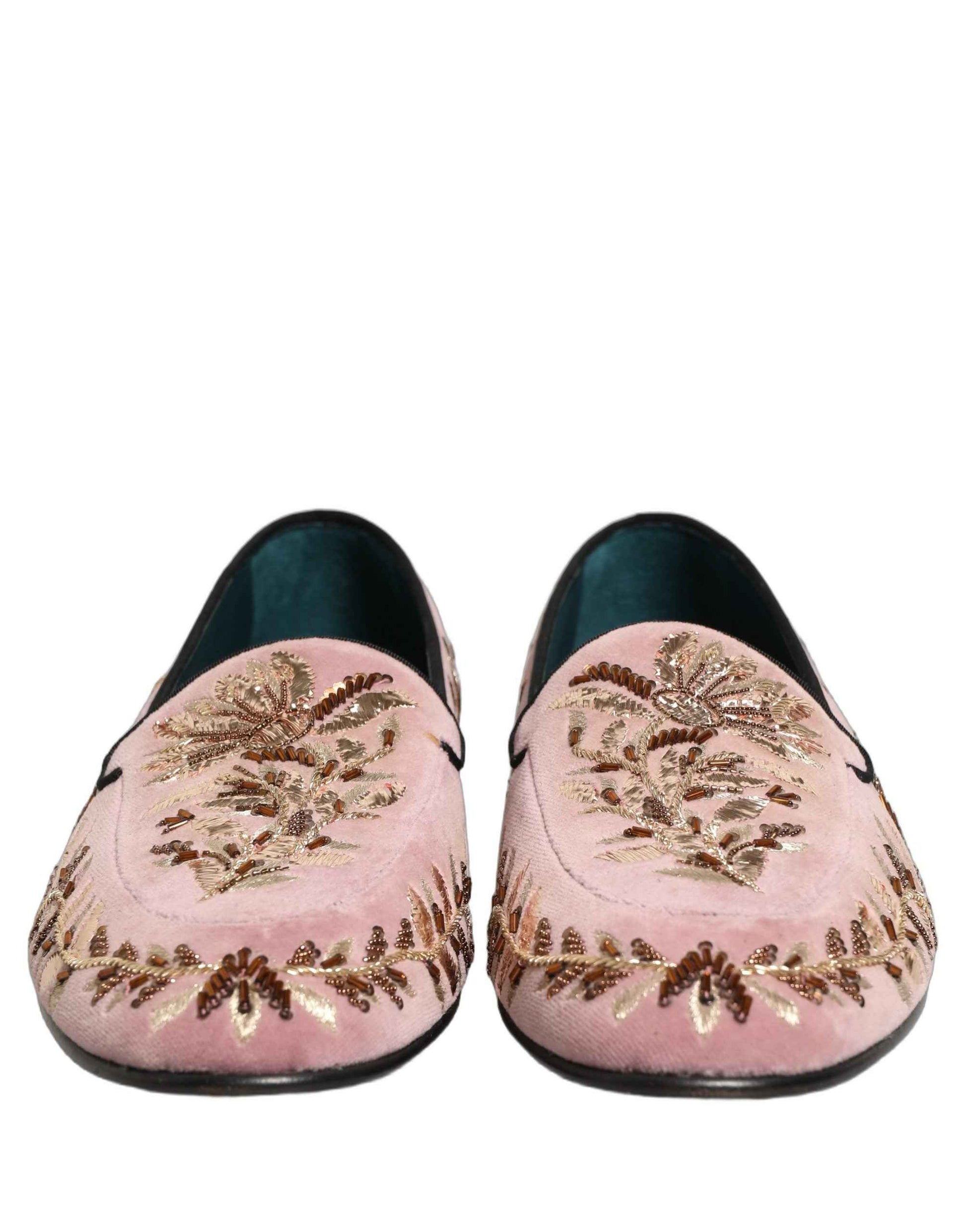 Pink Velvet Floral Embroidery Loafers Shoes
