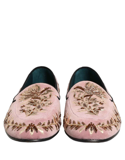 Pink Velvet Floral Embroidery Loafers Shoes