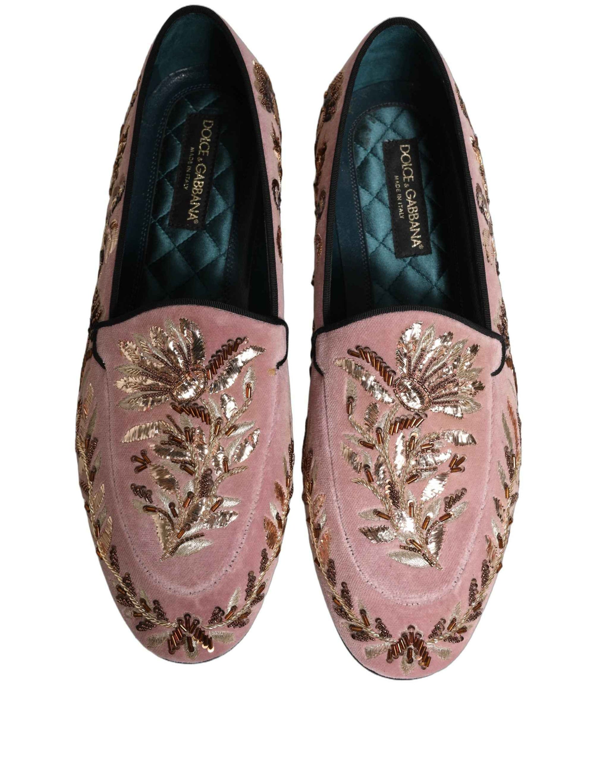 Pink Velvet Floral Embroidery Loafers Shoes