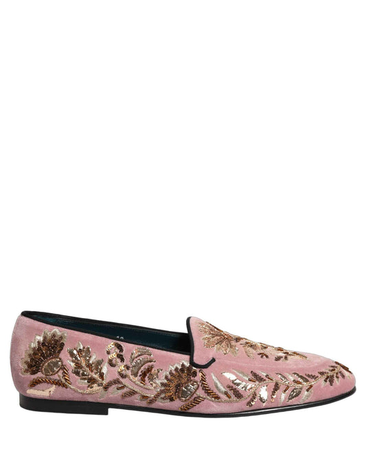 Pink Velvet Floral Embroidery Loafers Shoes