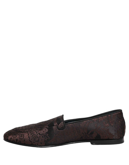 Maroon Jacquard Leather Slip On Loafers Shoes