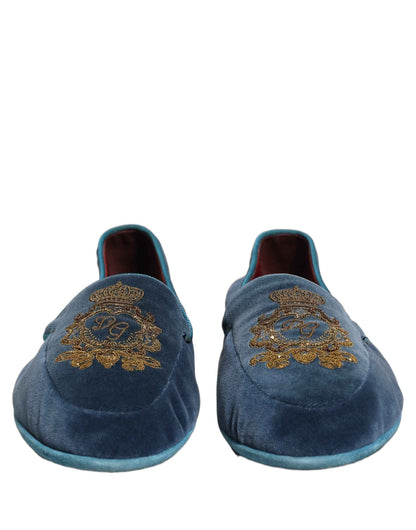 Blue Velvet Crown Embroidery Loafers Shoes