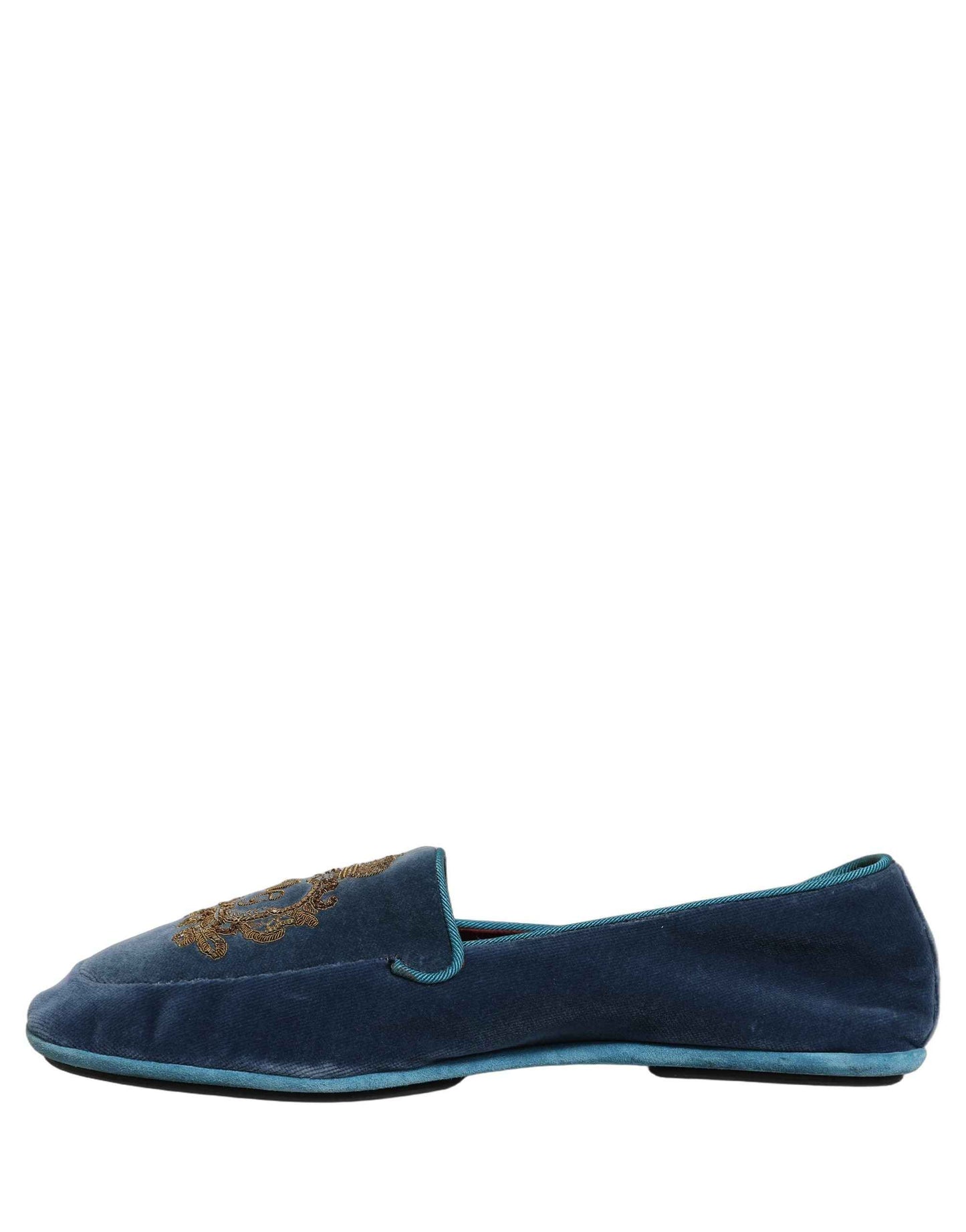 Blue Velvet Crown Embroidery Loafers Shoes