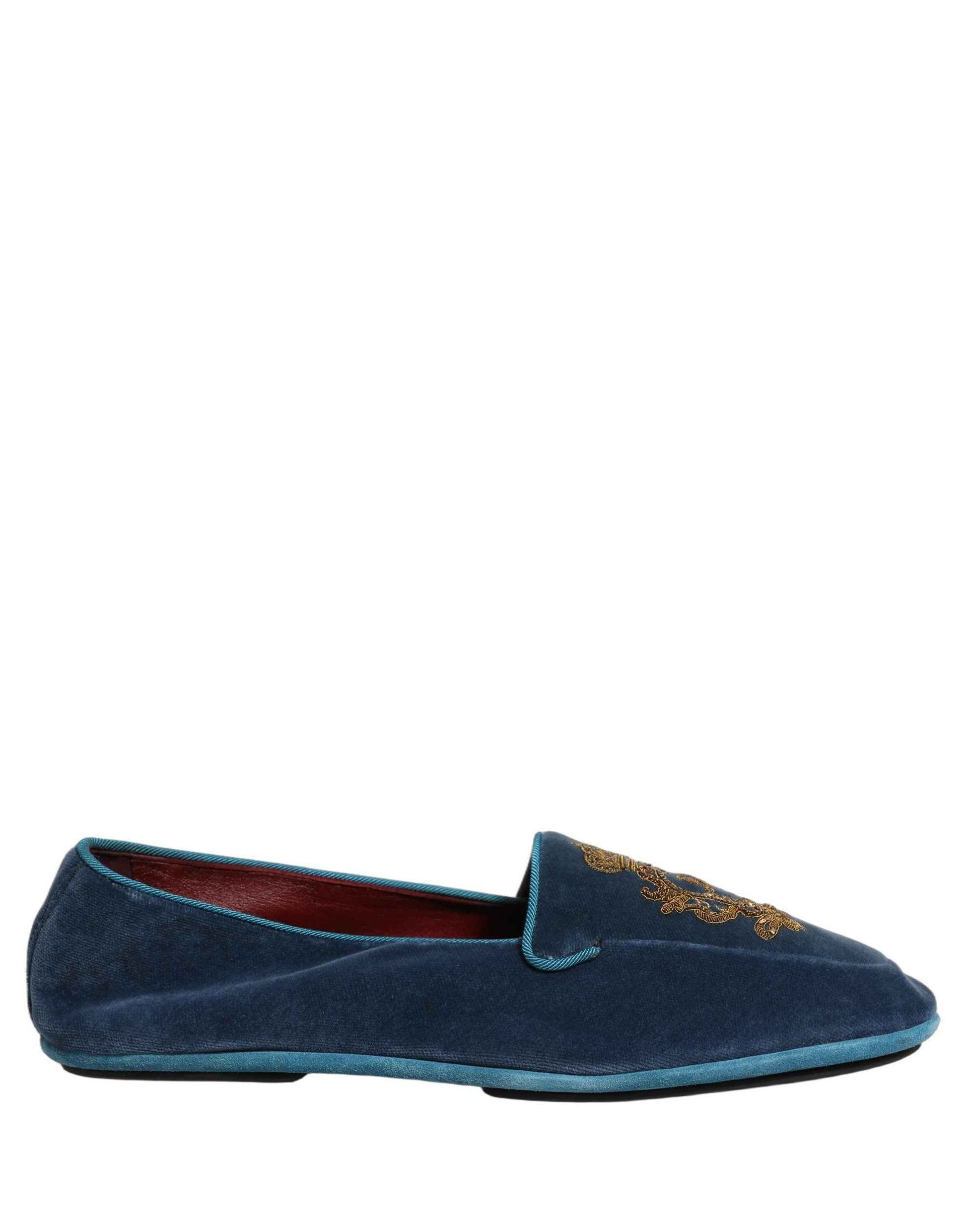 Blue Velvet Crown Embroidery Loafers Shoes