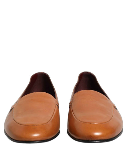 Brown Leather Logo Slip On Men Loafers Shoes