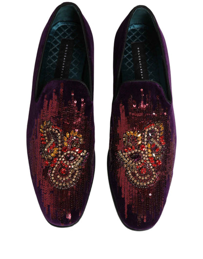 Violet Velvet Rhinestone Sequin Loafers Shoes