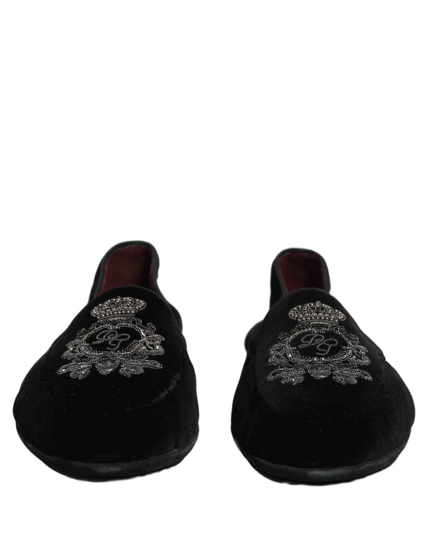Black Velvet Crown Embroidery Loafers Shoes