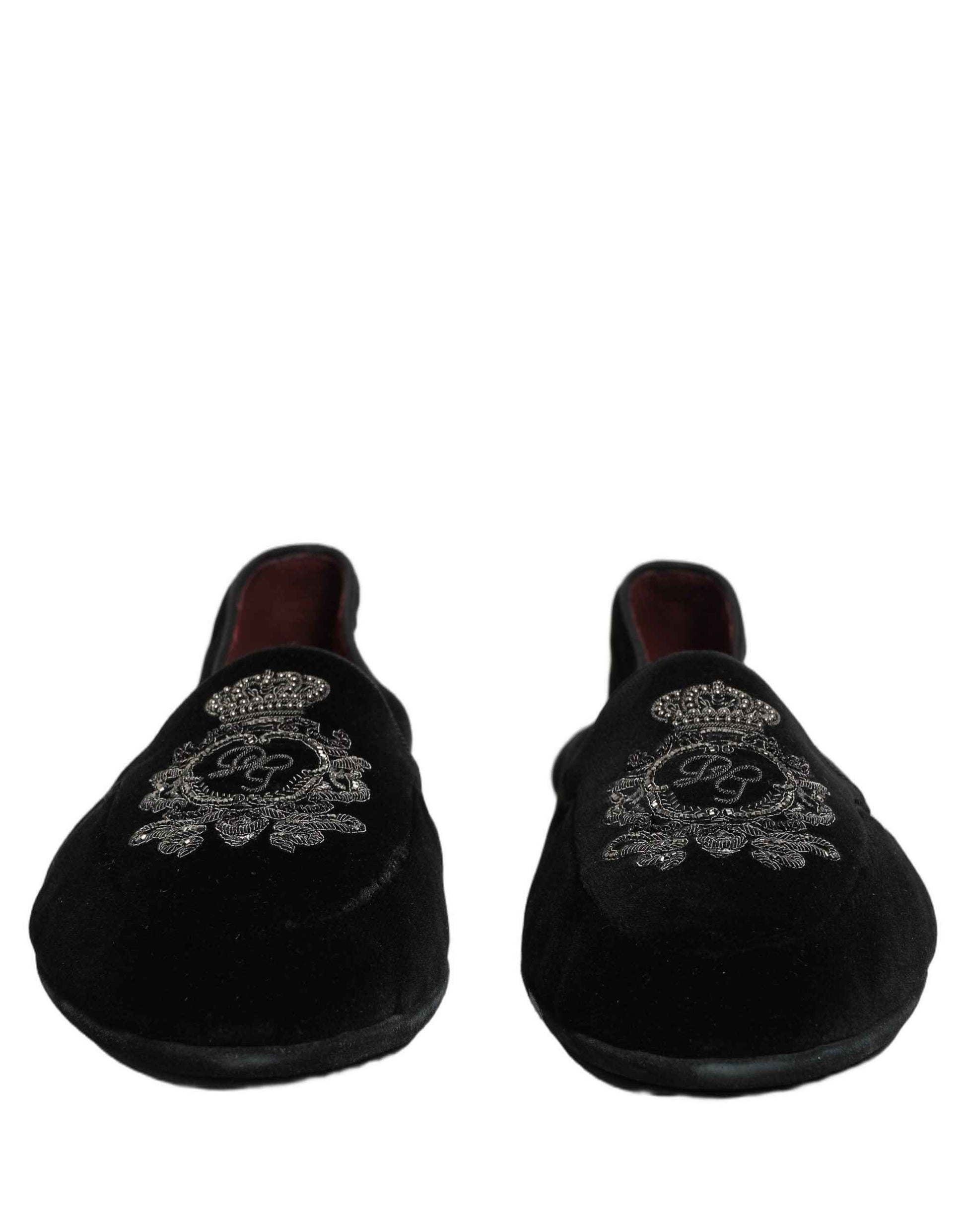 Black Velvet Crown Embroidery Loafers Shoes